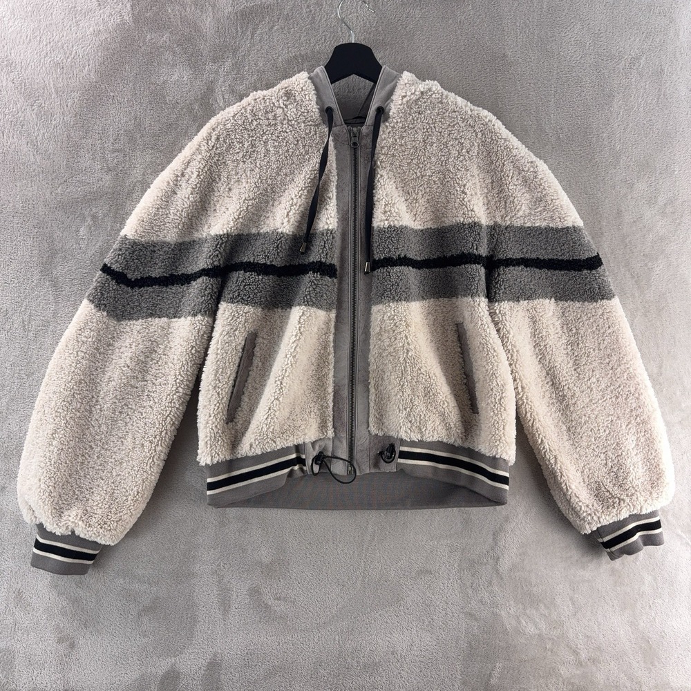 Blanc Noir Hoodie‎ Womens Size Large Gray Quilted Outerwear Fuzzy Sporty